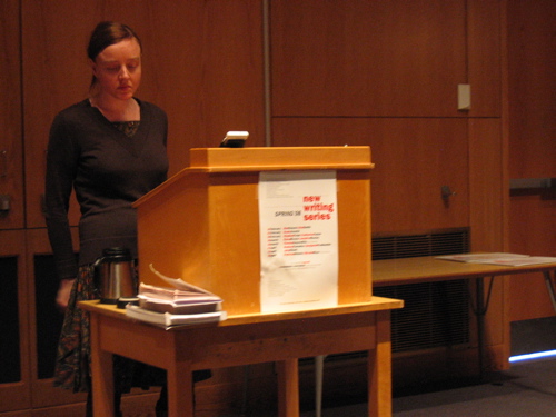 Julia Elliott entertains a question from the audience after her reading in the UMaine NWS in April 2008
